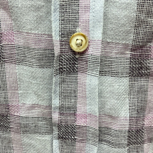 🔥🌴TASSO ELBA Island linen blend shirt Size L. Grayish background w/ plum/pink - Picture 7 of 8